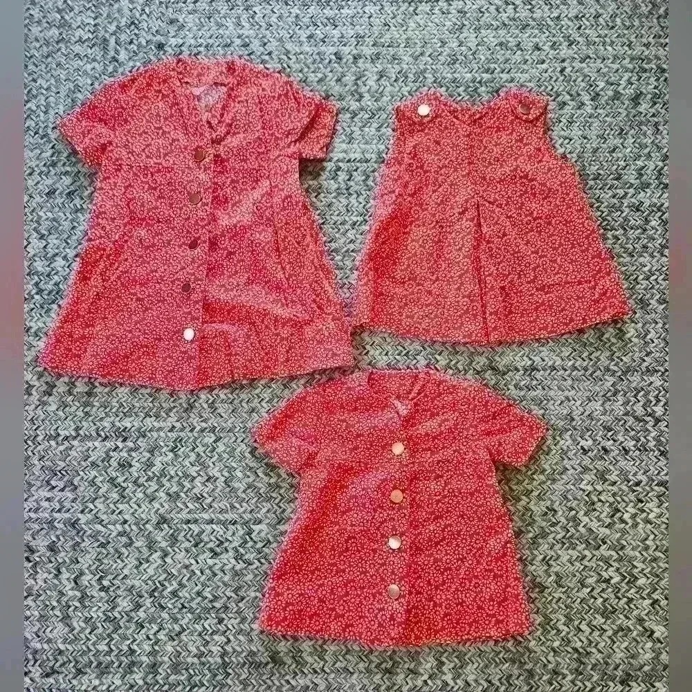 Red Gold Floral Corduroy Matching Sibling Set 2 Dresses 1 Shirt Vtg Handmade